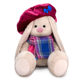 Зайка Ми в бархатном берете и шарфе в клетку, 18 см, артикул ...