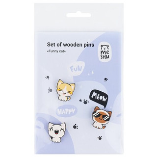 Набор значков деревянных 3 шт. Meshu "Funny cat"