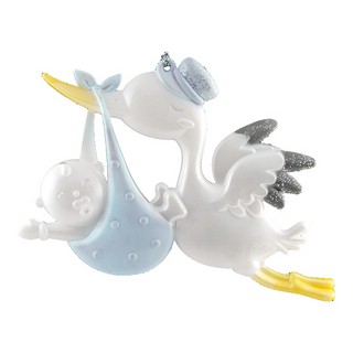 Украшение Аист с ребенком голубой 12см, полирезина