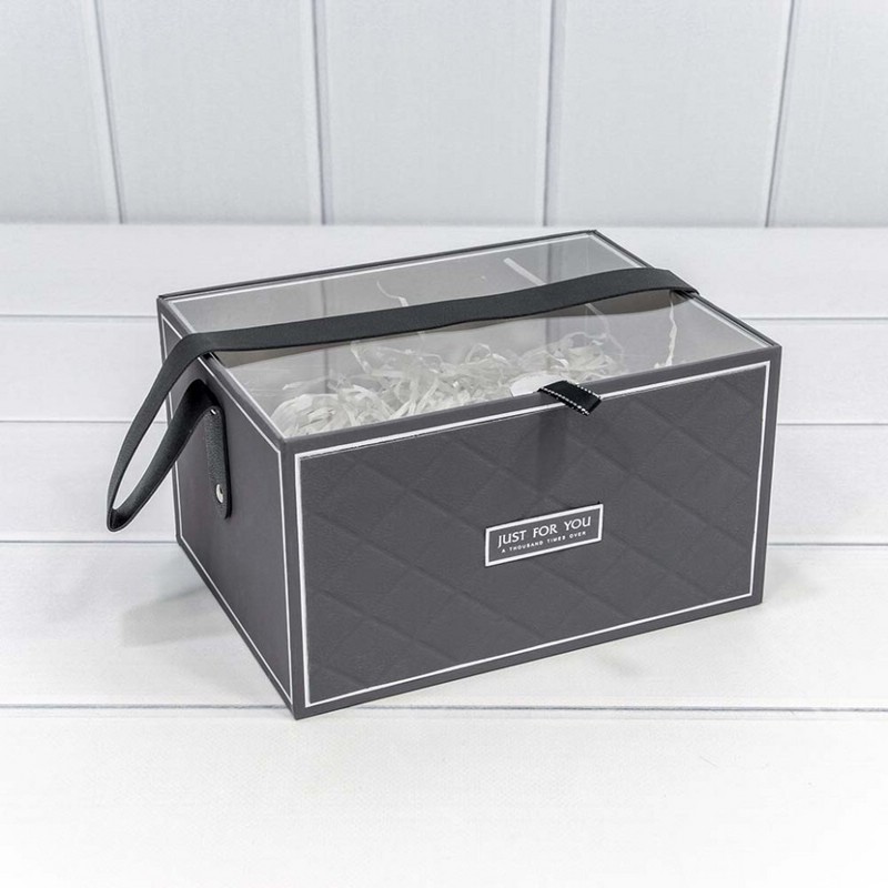 Коробка Серая, с прозрачной крышкой и ручкой, 21.5х16х12 см