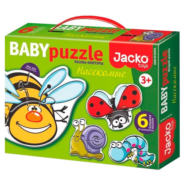 Baby Puzzle Насекомые, Контурные пазлы, 6 пазлов, 16 элементов, Jacko Toys