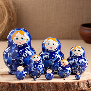 Матрёшка «Гжель» 13 см, синее платье, 10 кукол, ручная роспись