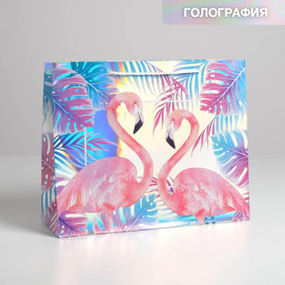 Пакет подарочный голографический «Фламинго», 32 x 26 x 12 см