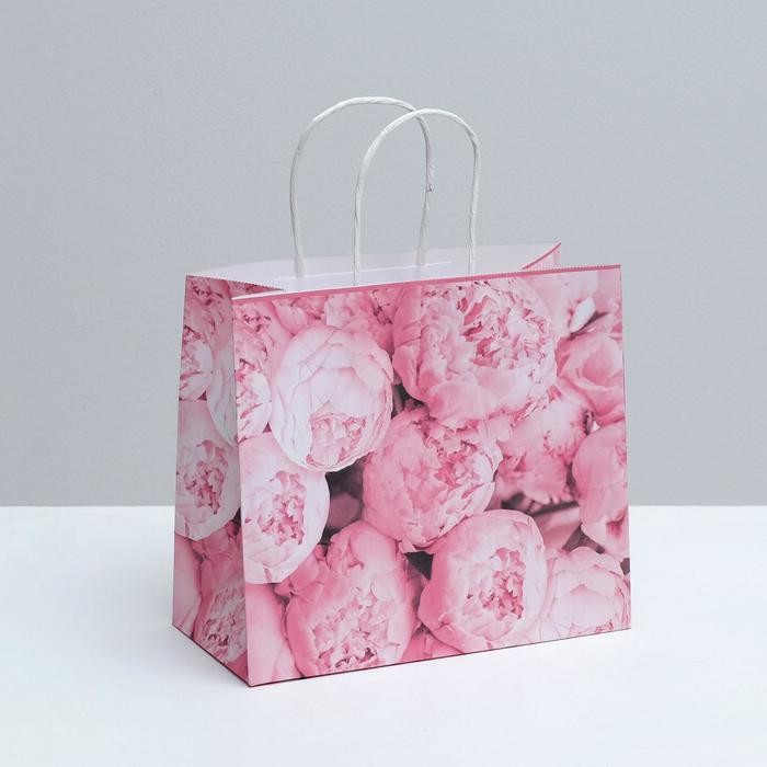Пакет подарочный крафтовый «Пионы», 25 x 22 x 12 см