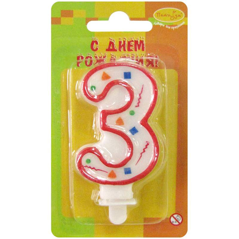 Свеча для торта Цифра 3, Конфетти красная