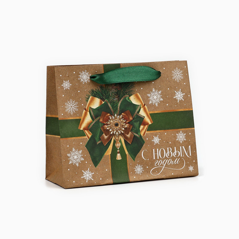 Пакет подарочный крафтовый вертикальный «Новогодний бант», 15х12х5.5 см