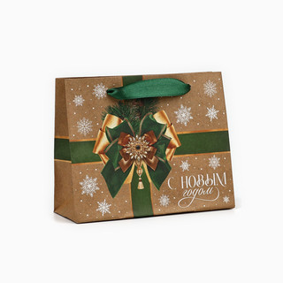 Пакет подарочный крафтовый вертикальный «Новогодний бант», 15...