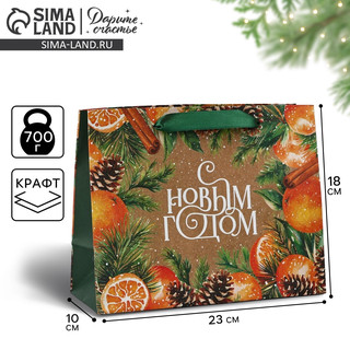 Пакет подарочный крафтовый вертикальный «С Новым годом», мандарины, 18х23х10 см 4