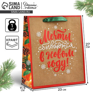 Пакет подарочный крафтовый вертикальный «Мечты сбываются», 23х27х11.5 см 5