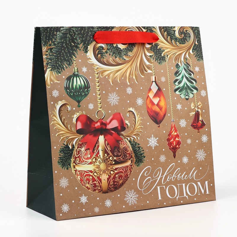 Пакет подарочный крафтовый квадратный «Новогодние игрушки», 30х30х12 см