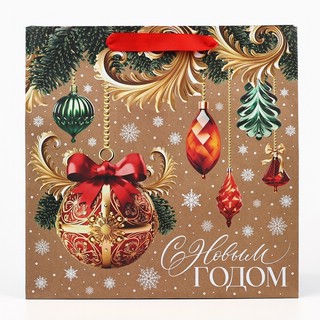 Пакет подарочный крафтовый квадратный «Новогодние игрушки», 30х30х12 см 2