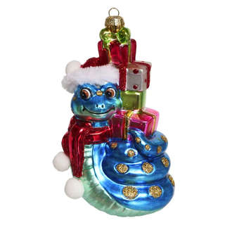 Змея в красной шапочке с подарками, 16 см, стекло, Holiday Classics 1