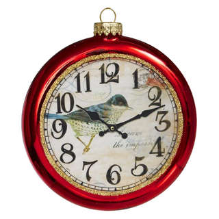 Елочное украшение 'Часы красные с птичкой' 12 см, стекло, Hol...