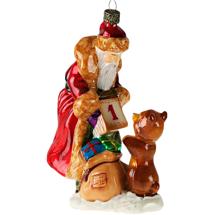 Елочная игрушка 'Дед Мороз и мишка с календарем', стекло, Komozja