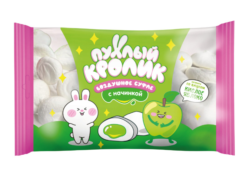 Суфле вздушное 'Пухлый кролик' маршмеллоу с начинкой, со вкусом кислое яблоко, 85 гр