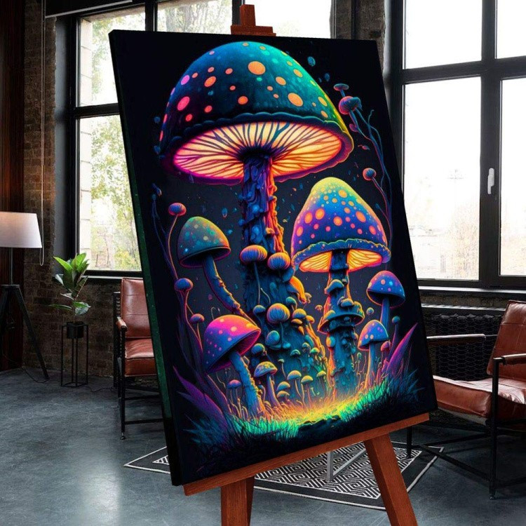 Картина по номерам черный холст со светящейся краской «Фантастические грибы», 40х50 см