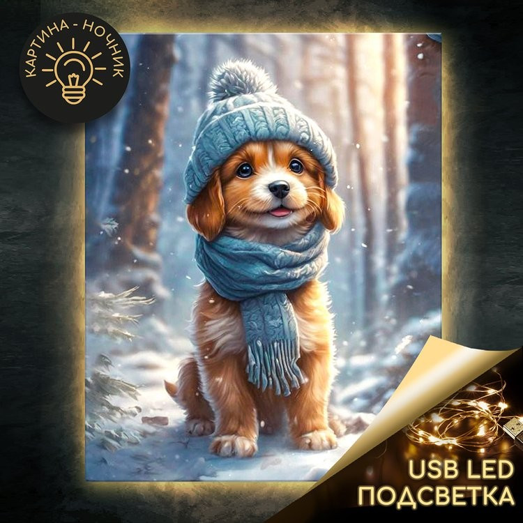 Картина по номерам «Щенок на зимней прогулке» LED подсветка, 40х50 см