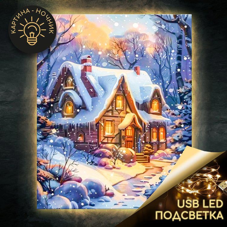 Картина по номерам «Домик в заснеженном лесу» LED подсветка, 40х50 см