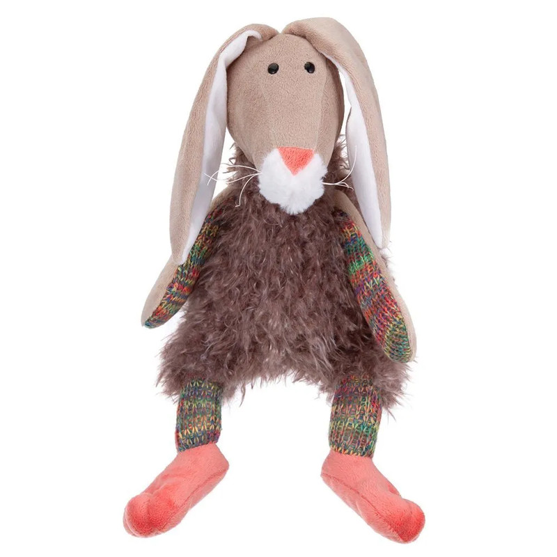 Зайка в меховом костюме с вязанными деталями, 27 см, Relana, бежевый