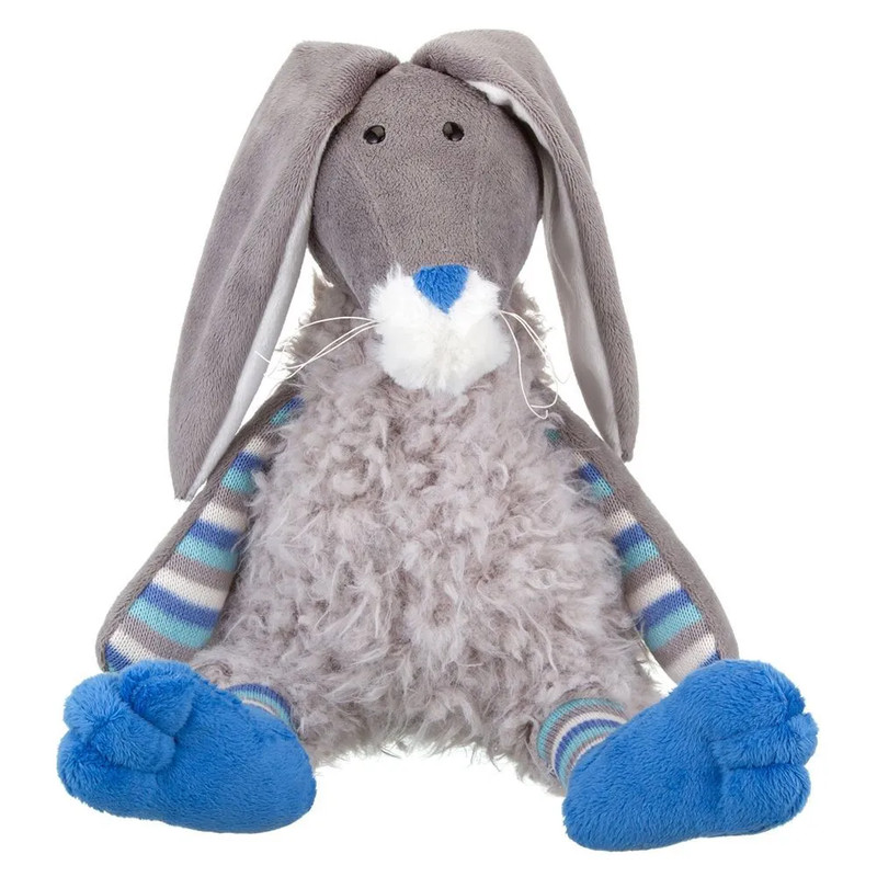 Зайчик в меховом костюме с вязанными деталями, 27 см, Relana, серый