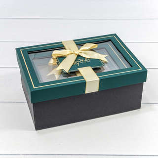 Коробка прямоугольная с окошком и бантом, 20 х 14 х 8 см, зел...
