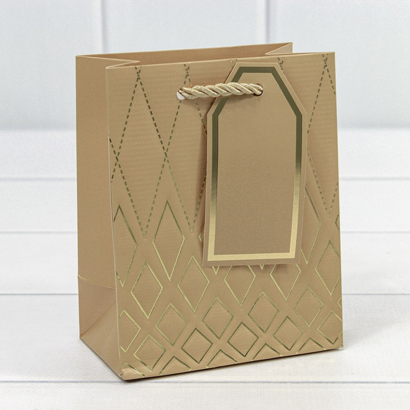 Пакет подарочный с тиснением 'Ромбы с пунктирами' Бежево-серый 12х15х7 см