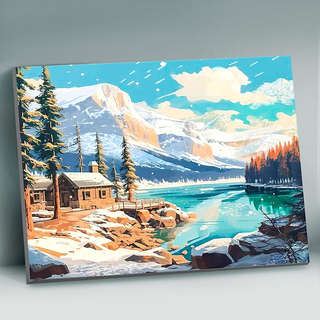 Картина по номерам с серебряной поталью «Домик у горного озер...