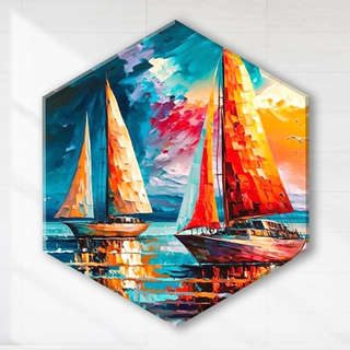 Картина по номерам с поталью 'Гексагон, Парусники в закате' 3...