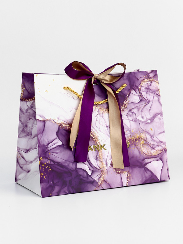 Пакет подарочный ламинированный «Мрамор», фиолетовый с бантиком, 25x20x12 см
