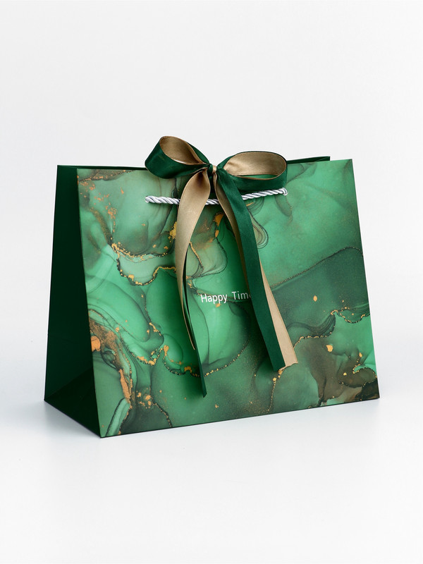Пакет подарочный ламинированный «Мрамор», зеленый с бантиком, 25x20x12 см
