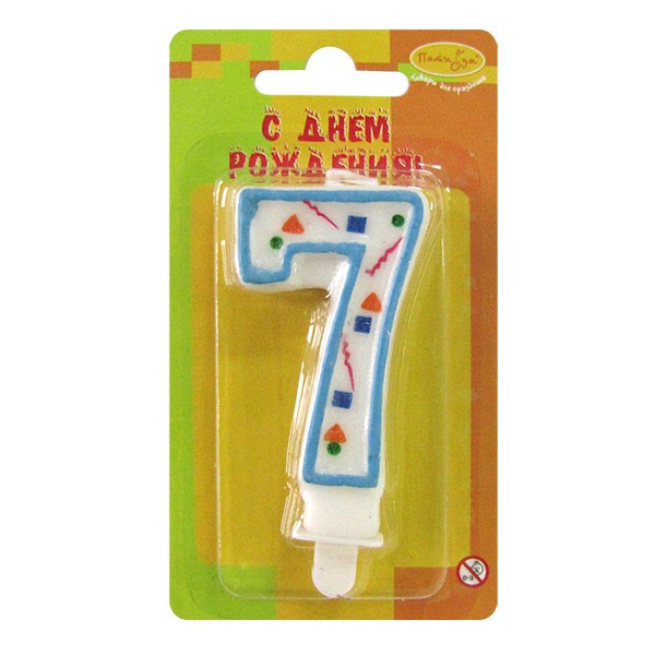 Свеча для торта Цифра 7, голубое конфетти