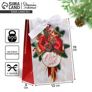 Пакет новогодний с лентой «Новый год», 13x19x9 см 2