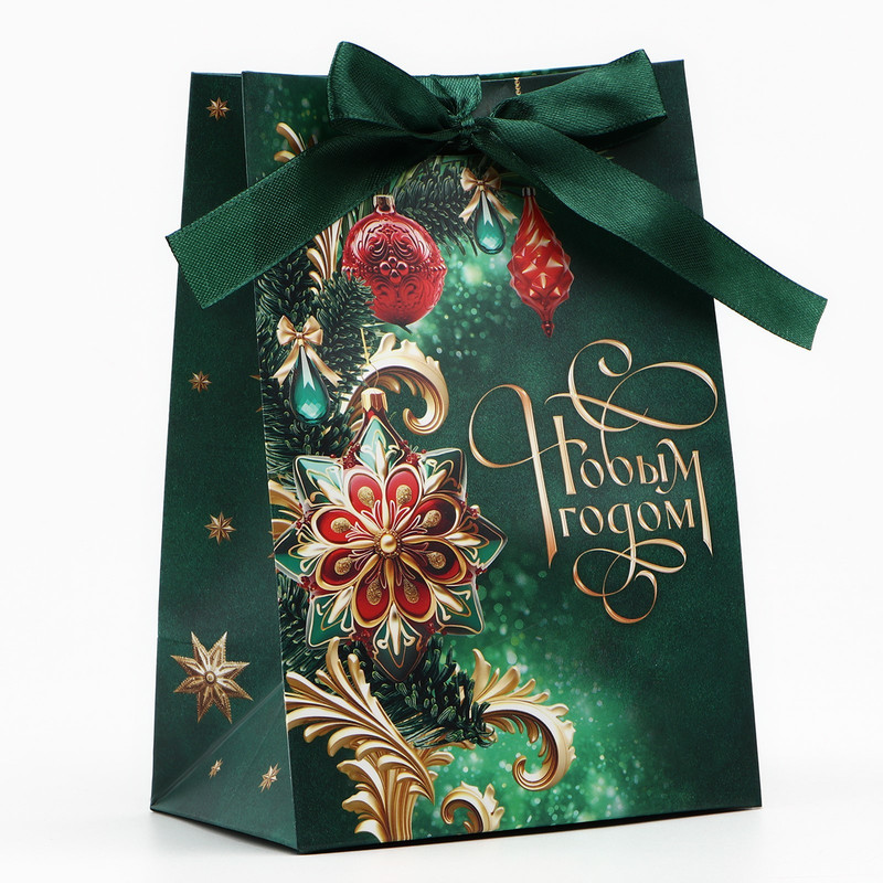 Пакет новогодний с лентой «С Новым годом», 13x19x9 см