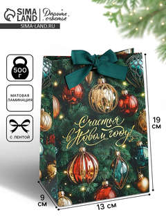 Пакет подарочный с лентой «Счастья в Новом году», 13x19x9 см 2