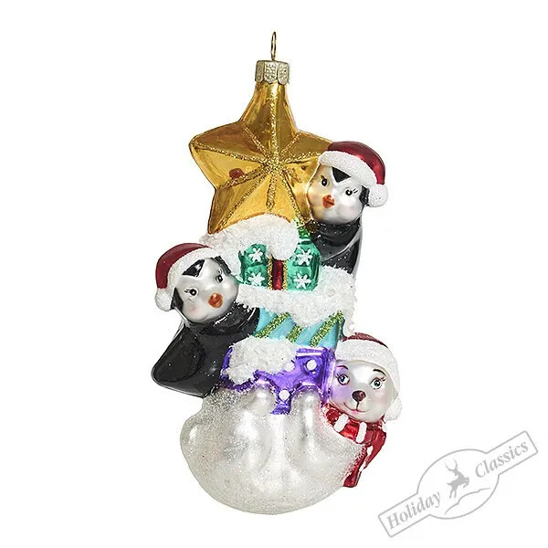 Елочная игрушка 'Белый мишка и пингвинчики' 14 см, стекло, Holiday Classics