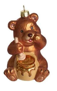 Елочная игрушка 'Медвежонок с медом' 10 см, темный, стекло, H...