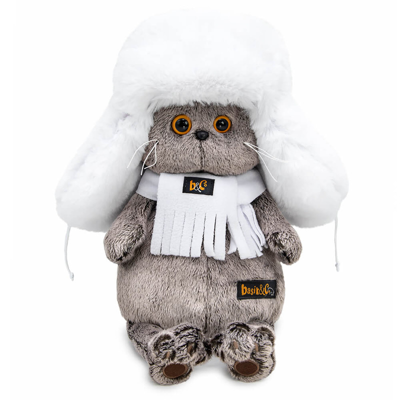 Кот Басик в белой меховой шапке и шарфике, 25 см, BudiBasa