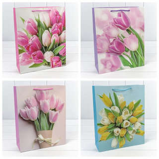 Пакет подарочный с блёстками 'Тюльпаны' 26х32х12 см, ассорти....