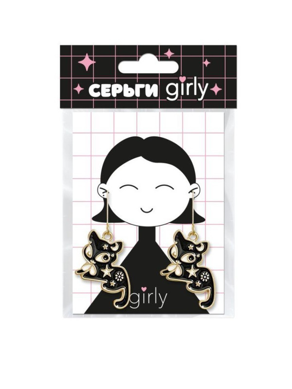 Серьги GIRLY 'Чёрные коты сияют', чёрные