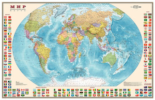 Политическая карта Мира с флагами государств, 1:30 000 000, ламинированная, 122 x 79 см, Ди Эм Би (DMB)