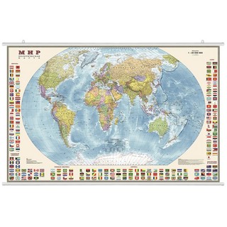 Политическая карта Мира с рейками и флагами государств, 1:30 000 000, ламинированная, 122 x 79 см, Ди Эм Би (DMB)