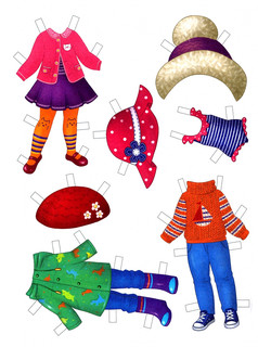 Одеваюсь по погоде, раскраска, 2 бумажных куклы, наряды 6