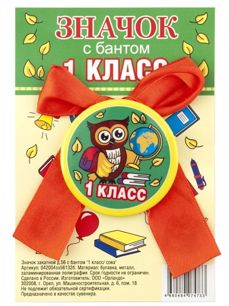 Значок закатной '1 класс. Сова', с бантом, 56 мм