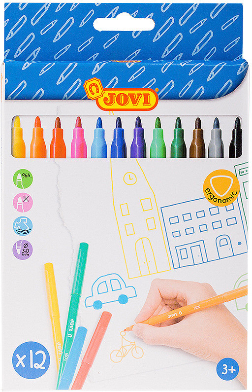 Фломастеры 12 цветов смываемые, картонная упаковка с европодвесом