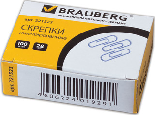Скрепки Brauberg, 28 мм, никелированные, 100 штук, в картонной коробке, Россия
