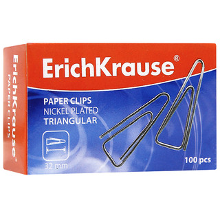 Скрепки металлические ErichKrause, никелированные, треугольные, 32 мм, 100 шт