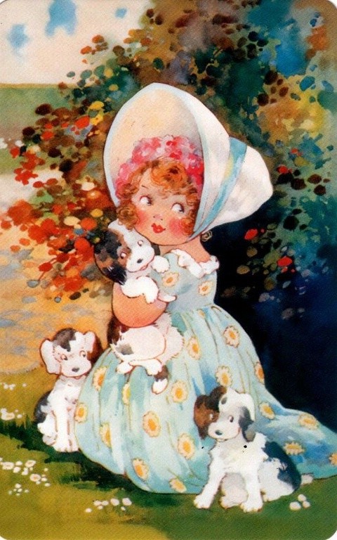 Открытка 'Девочка и щенки'