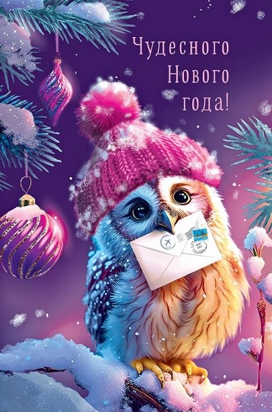 Открытка 'Чудесного Нового года!' (совенок с письмом)