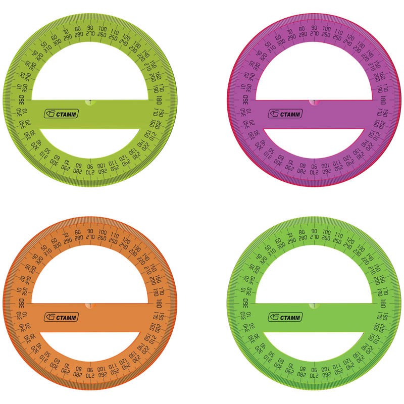 Транспортир 10см, 360° Стамм, прозрачный флуоресцентный, 4 цвета