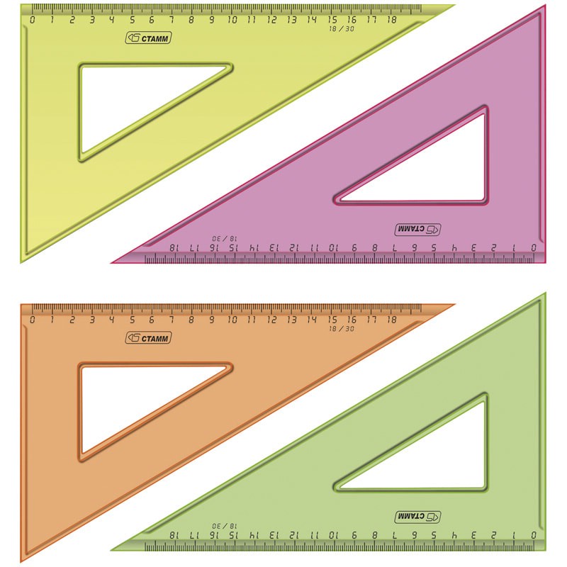 Треугольник 30°, 18см СТАММ, прозрачный флуоресцентный, 4 цвета